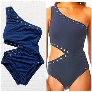 Michael Kors one shoulder navy cut out one piece swimsuit suit
